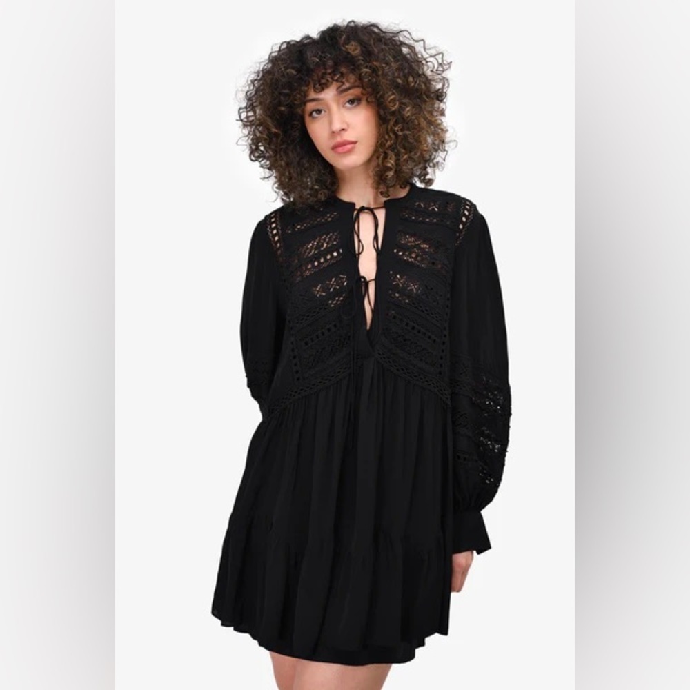 The Kooples Black Eyelet Lace Embroidered Mini Dress Long Sleeve